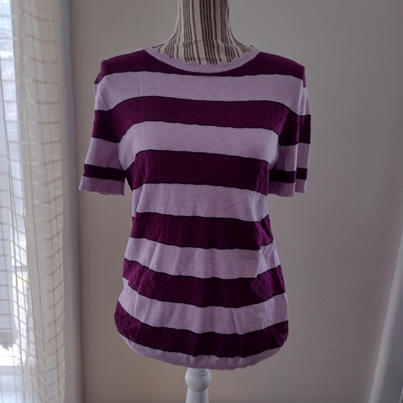 Purple Striped Short Sleeve Pullover Scalloped Hem Knit Sweater Fits M-L - Picture 2 of 12